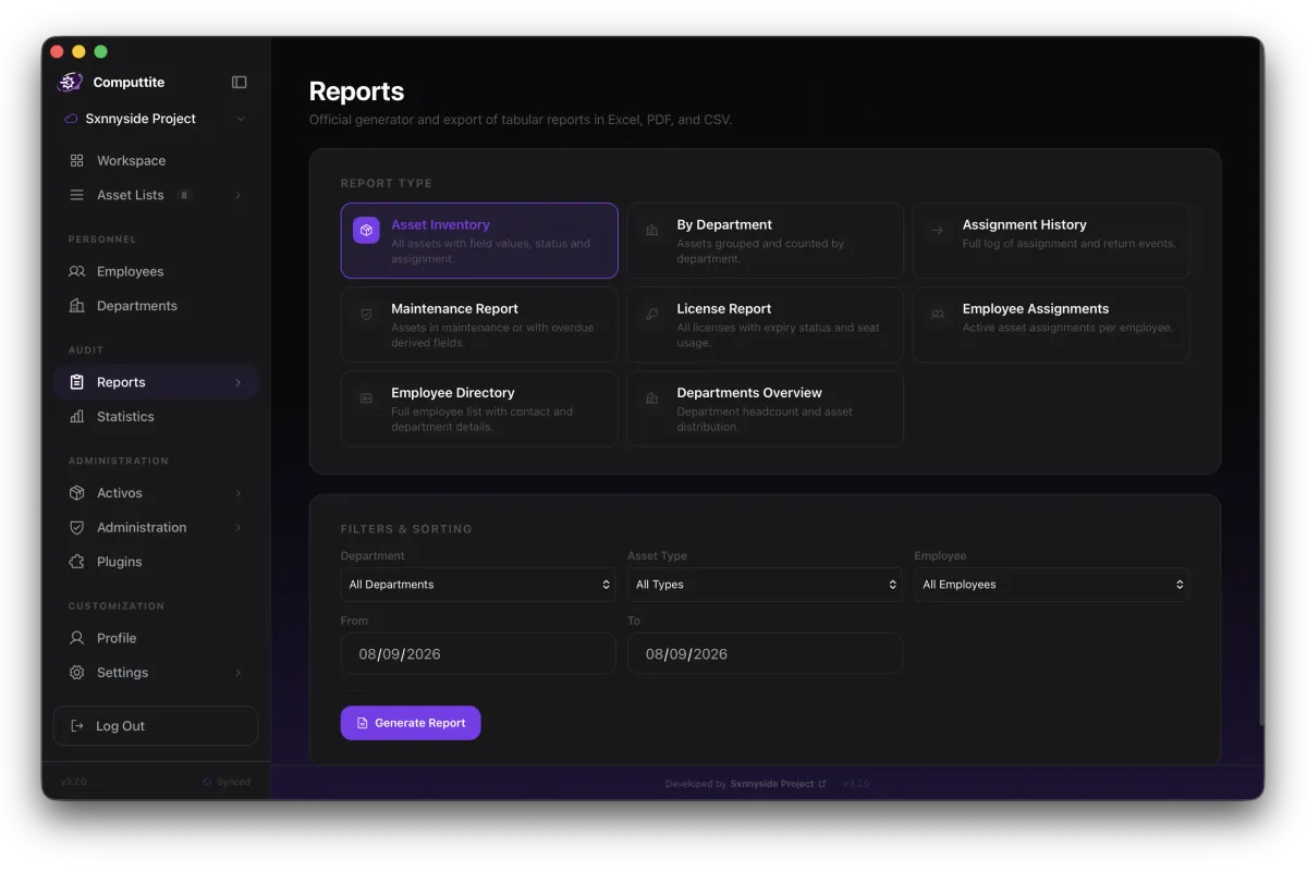 Reports section displaying a maintenance report with export options for CSV, Excel, PDF, and Markdown